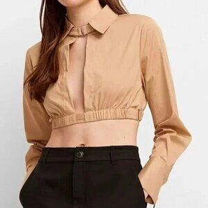 NWT 90s Style Collared Long Sleeve Cutout Blouse Top Tan Camel